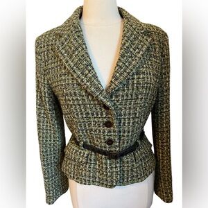 Zara Basic Green & Brown Tweed Wool blend Blazer with buttons & belt Size XL